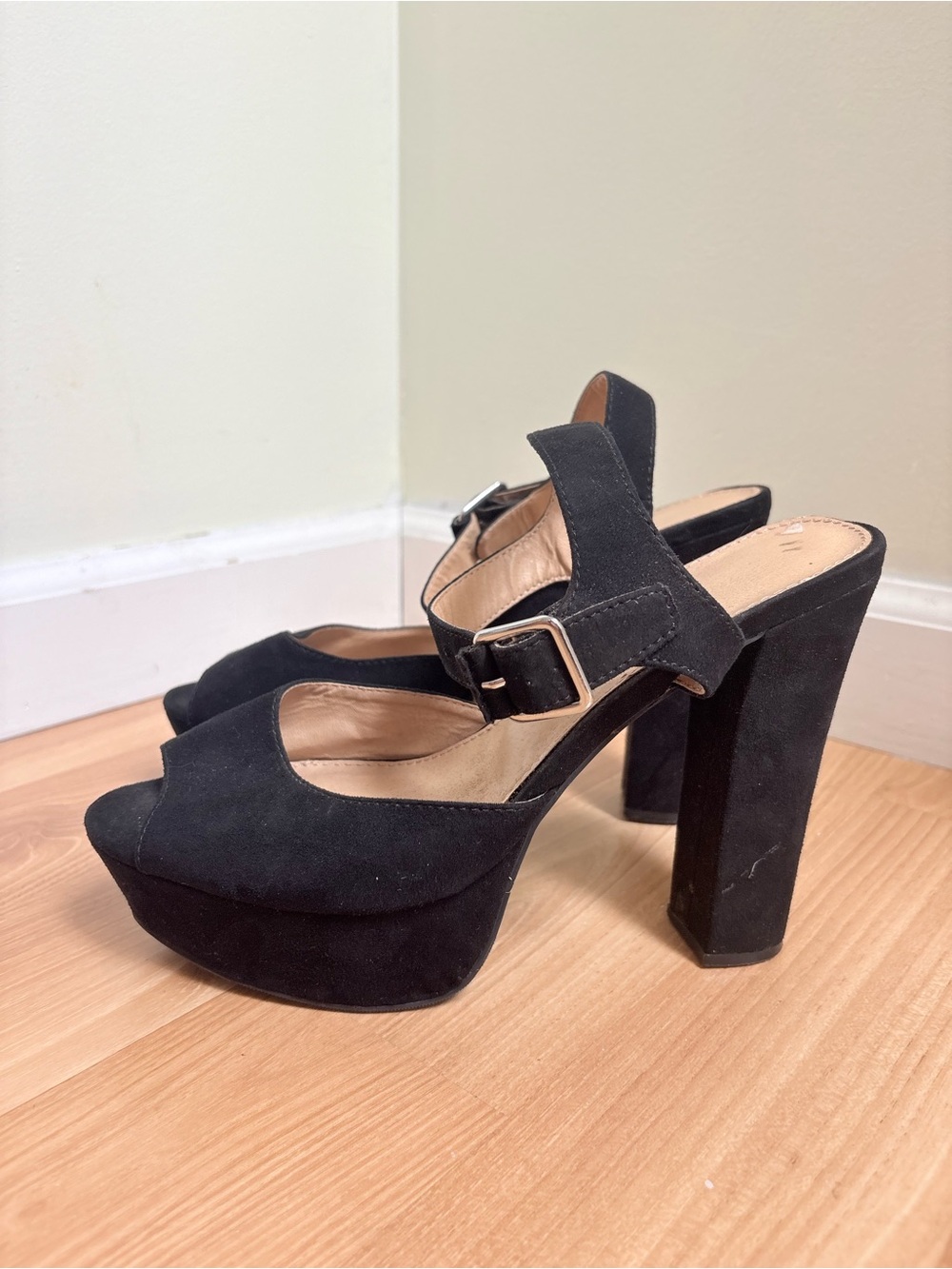 Candie's Black Suede Platform Peep Toe Block Heels